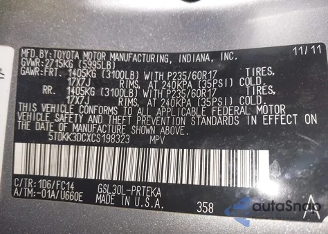 2012 Toyota Sienna Le V6 8 Passenger z USA, uszkodzony, nr VIN 5TDKK3DCXCS198323